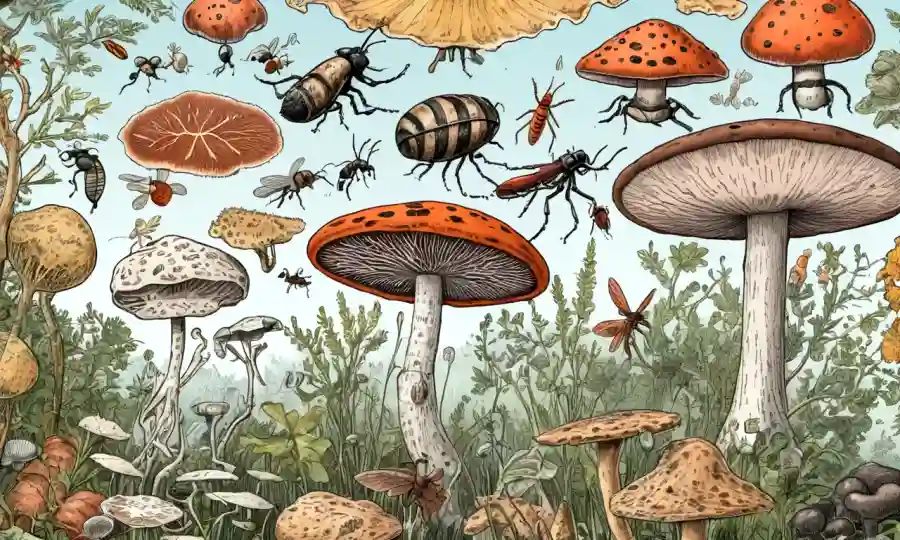 Conviven imágenes microscópicas de hongos e insectos, con ilustraciones y diagramas científicos en el fondo.