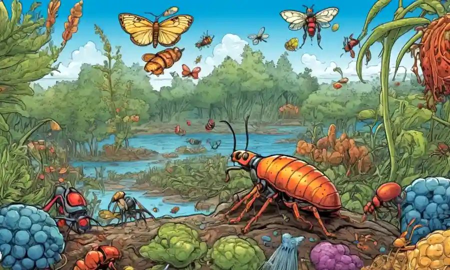 Los organismos e insectos microscópicos coexisten en un entorno rico en nutrientes.