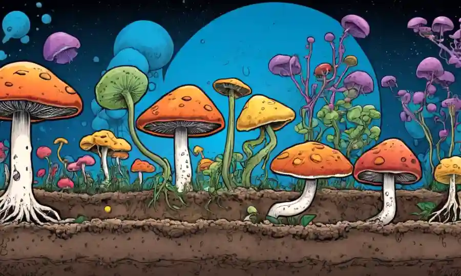 Una imagen colorida que muestra hongos creciendo en suelo acompañados de fórmulas químicas abstractas o diagramas de compuestos ácidos.