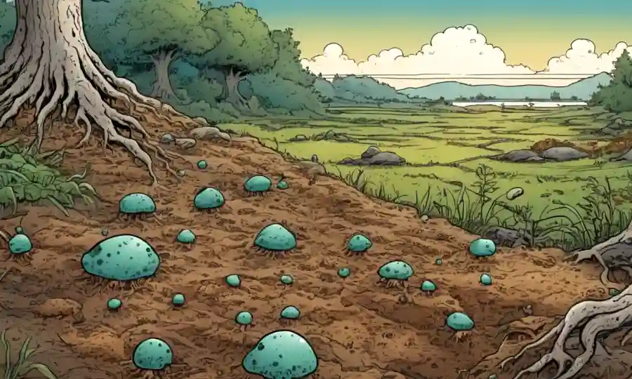 Una imagen de microscopio de suelo fusionado con hongos rodeado de paisaje natural.