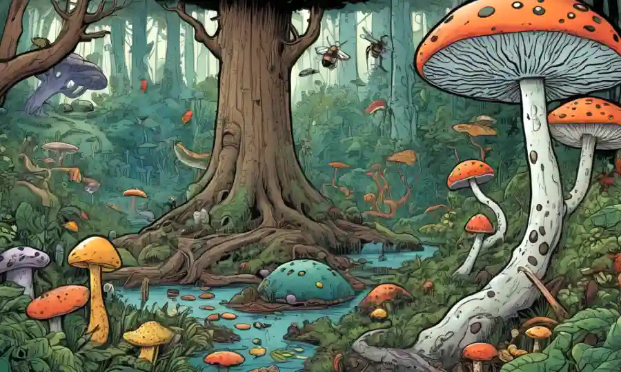 Ilustración de organismos interconectados en un ecosistema forestal