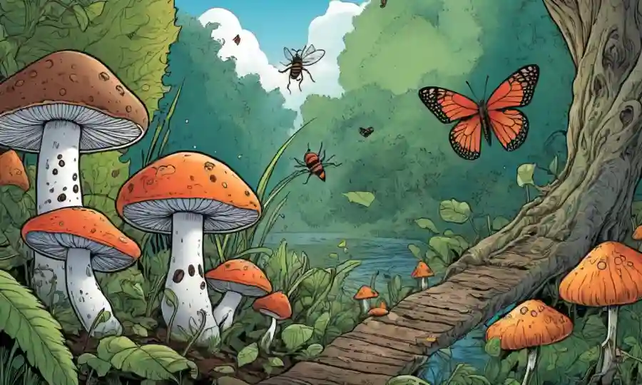 Ilustraciones de hongos, plantas e insectos interconectados en un ambiente natural.