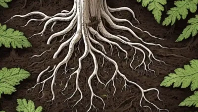 Cerca de hifas fúngicas entrelazadas con raíces vegetales en un exuberante suelo forestal.