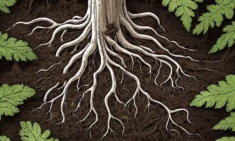 Cerca de hifas fúngicas entrelazadas con raíces vegetales en un exuberante suelo forestal.