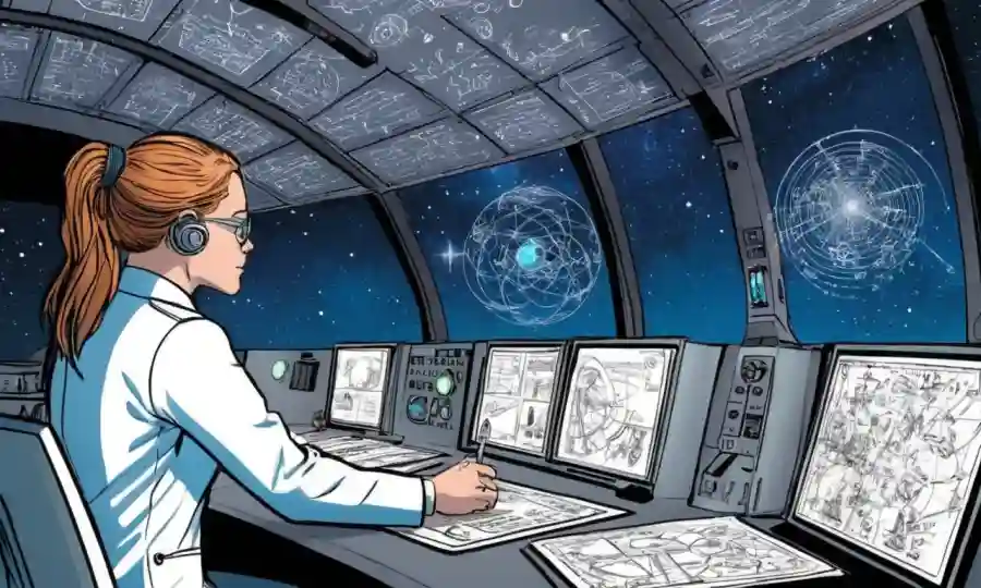 Científico estudiando relaciones simbióticas en la nave espacial entre diagramas y ecuaciones.
