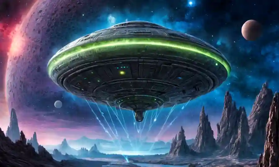 nave espacial alienígena flotando entre formaciones cósmicas, con líneas de conexión y patrones simbióticos.