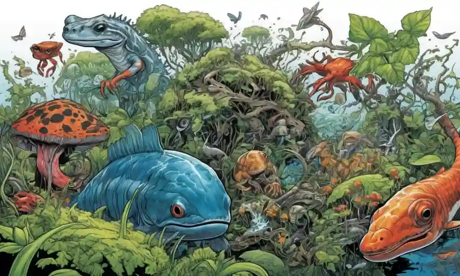 Iliustrations of different symbiotic relations amidst environmental and societal topics.