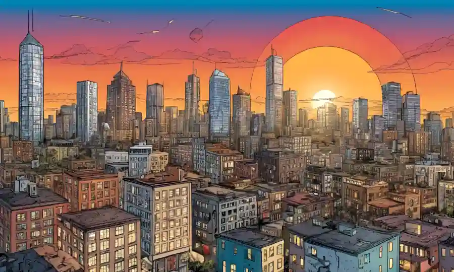 Un gráfico que ilustra las relaciones simbióticas superpuestas en un paisaje urbano al atardecer.