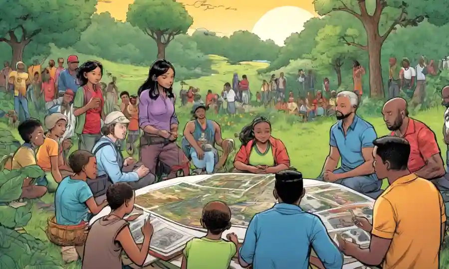 Gente de diversos orígenes se reunieron al aire libre, rodeado de arte inspirado en la naturaleza y símbolos.