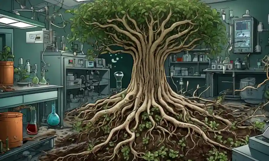 Ilustración de raíces vegetales rodeadas de microbios pequeños en un entorno de laboratorio científico.