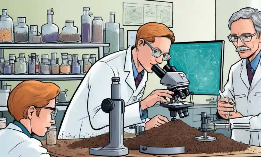Investigadores científicos que estudian microorganismos de suelo beneficiosos en un laboratorio con microscopio y gráficos.