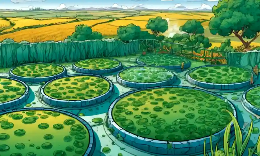 Microorganismos creciendo dentro de las células vegetales con paisaje agrícola en el fondo.