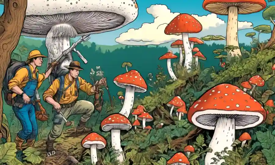 Una representación histórica de hongos en la naturaleza, con hongos y personas trabajando juntos.