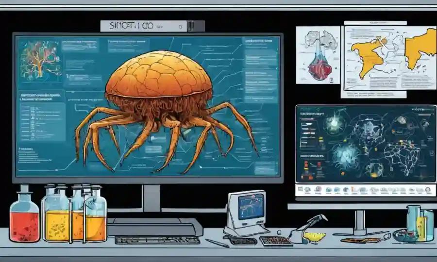 Diagramas científicos y organismos en una pantalla digital en un entorno de laboratorio de investigación.