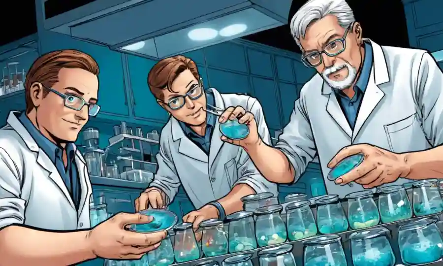 Los científicos trabajan en un laboratorio con platos petri y muestras de esporas.