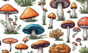 Ilustraciones coloridas de varias especies de hongos junto con conceptos ecológicos sobre fondo blanco.