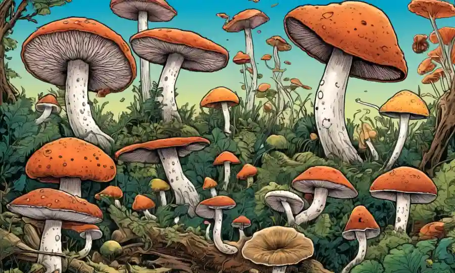 Una imagen que muestra varios tipos de hongos, probablemente con énfasis en su impacto ecológico.