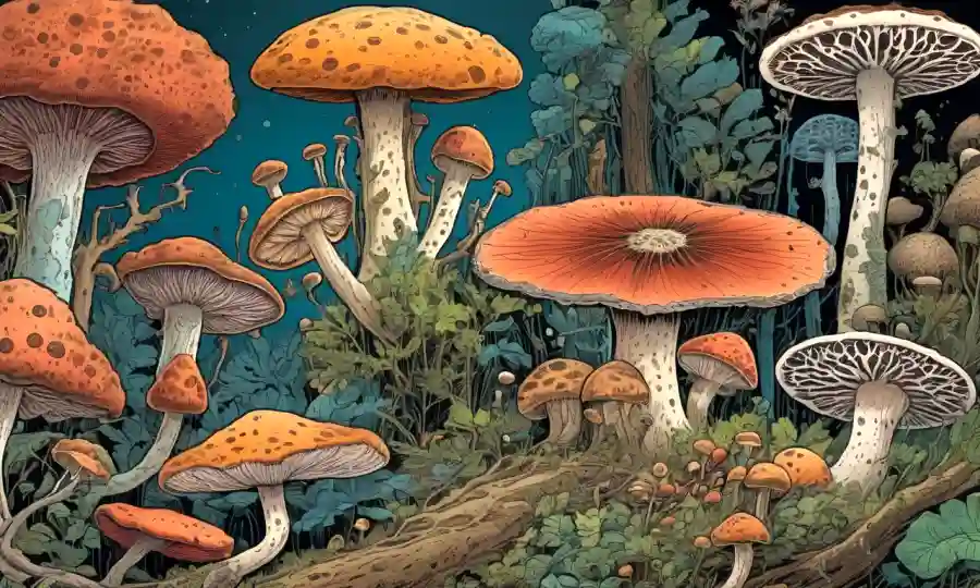 Una ilustración colorida de varias etapas fúngicas, desde las esporas hasta la madurez, destacando el fascinante ciclo de reproducción.