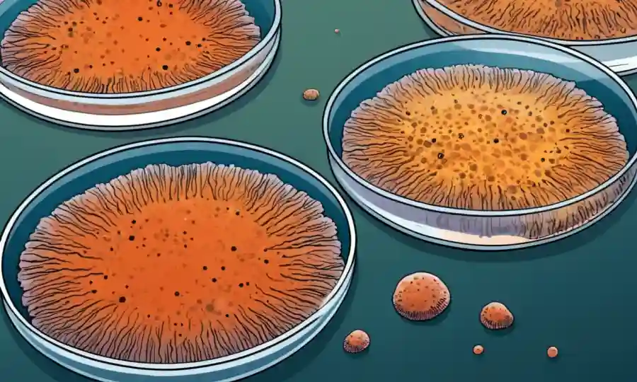 Imagen cercana de las esporas fúngicas que crecen sobre una superficie en los platos Petri.