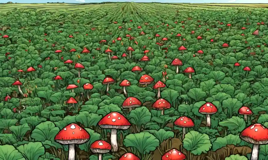 Capas de hongos creciendo en medio de cultivos agrícolas o campos.