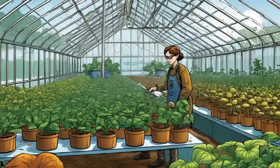 Científico observando plantas de reproducción hongos en un entorno de invernadero.
