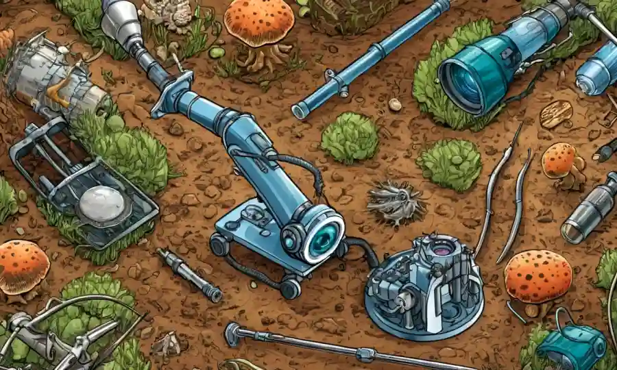Imágenes microscopio de células hongos rodeadas de tierras agrícolas y herramientas agrícolas.