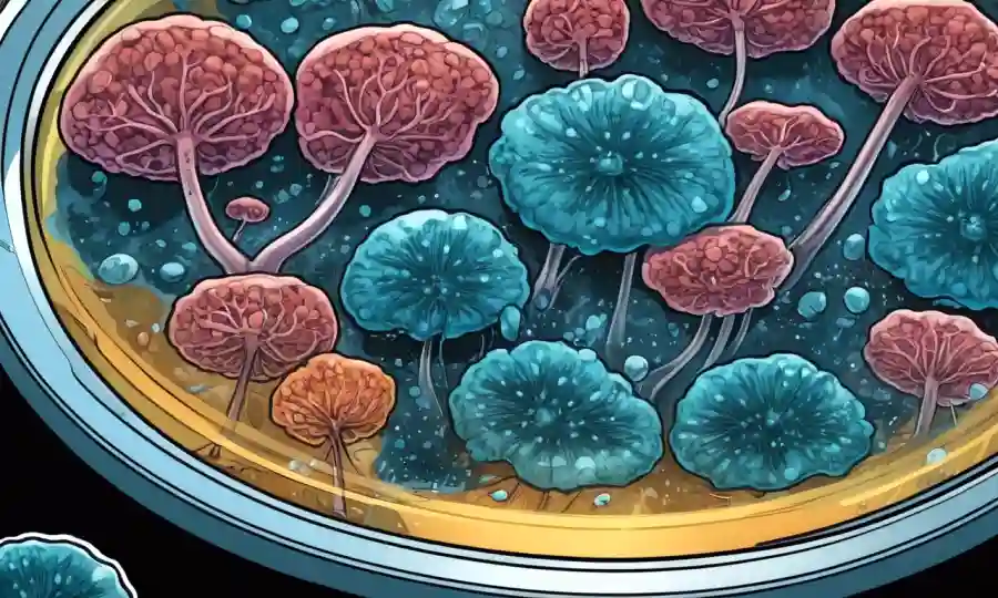 Células microscópicas de hongos que crecen en un plato de petri de laboratorio rodeado de equipo biotecnológico.