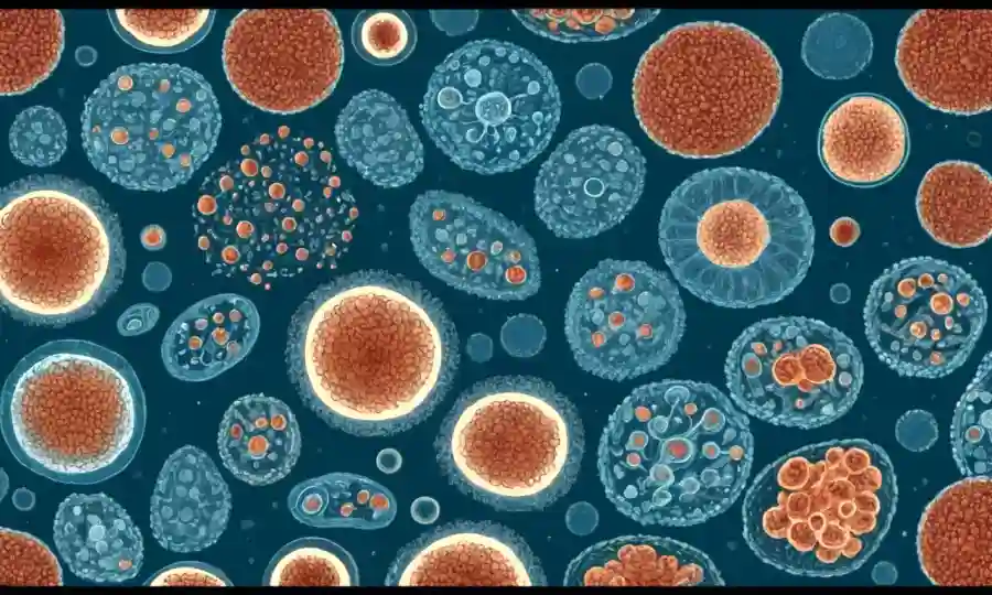 Imágenes microscópicas de células de levadura en diferentes etapas de crecimiento y reproducción.