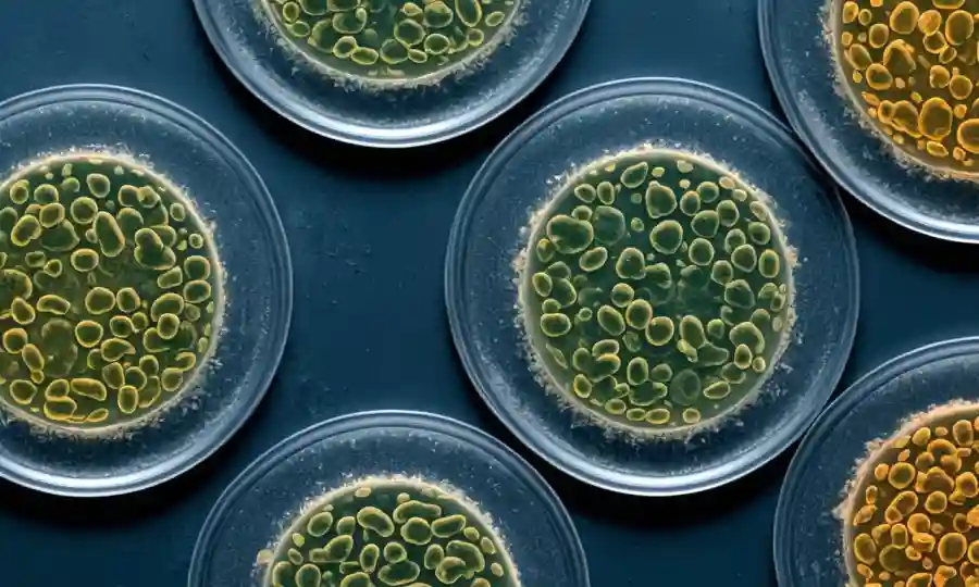 Vista microscópica de las células de levadura que crecen en el plato Petri.