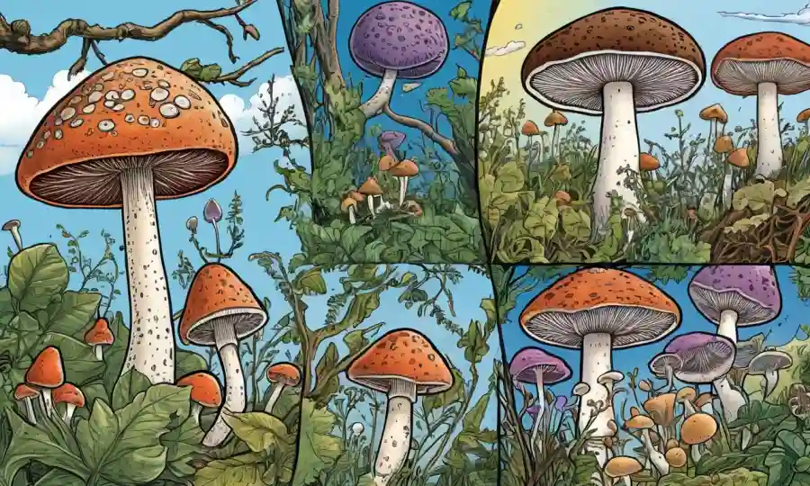 Las ilustraciones de hongos que representan varios ciclos reproductivos