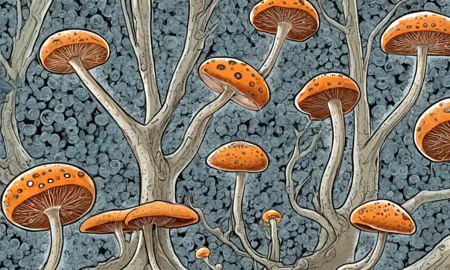 Estructuras de crecimiento de hongos con esporas e hifaes, destacando procesos de reproducción asexual.