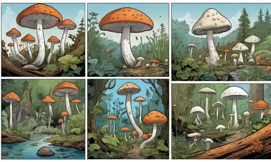 Fungi de diferentes especies creciendo en diversos ambientes con diagramas que ilustran la variación genética y la adaptación.