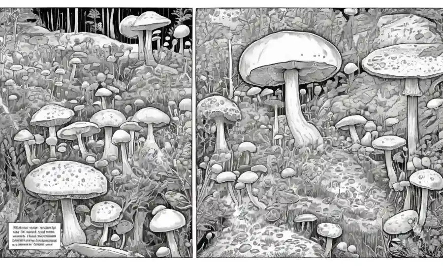 Imágenes microscópicas de hongos con texto que esboza procesos reproductivos.