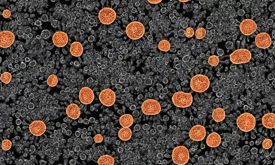 Las células de hongos microscópicos se dividen y se multiplican en un fondo negro.