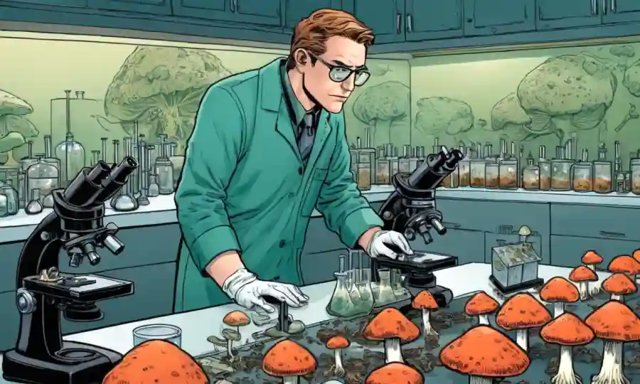 Científico estudiando especímenes tóxicos de hongos en un mostrador de laboratorio