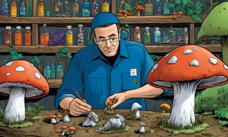 Un experto en hongos examinando varias muestras de hongos venenosos con precaución.
