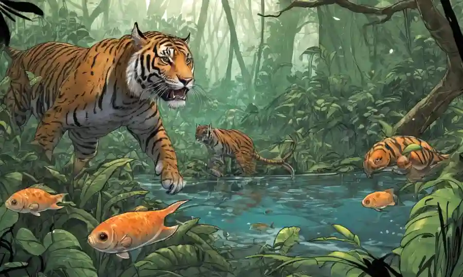 Especies adaptándose a nuevos ambientes con ilustraciones evolutivas que rodean.