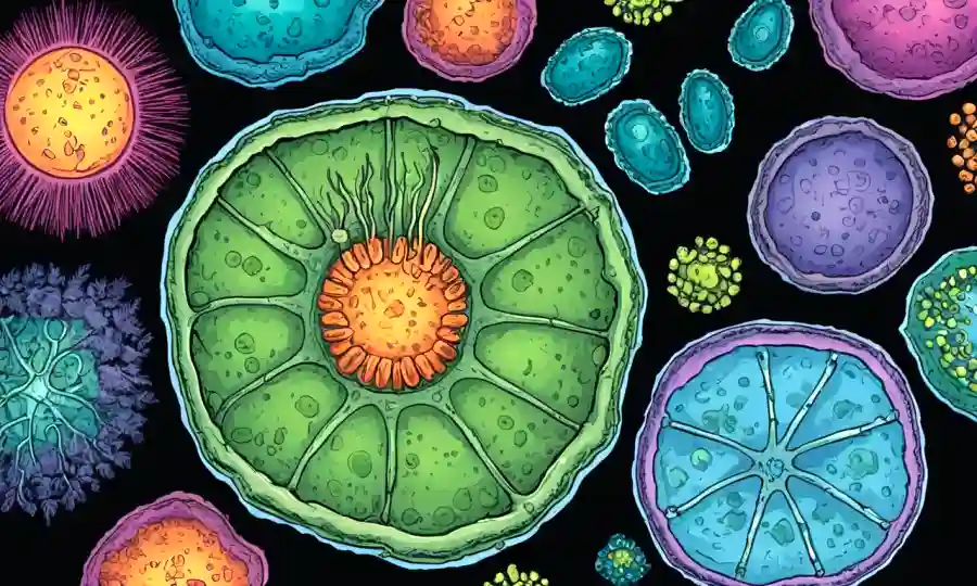 Ilustración de células o organismos vegetales que muestran métodos de reproducción asexual y sexual.