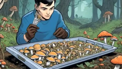 Persona usando guantes y examinando una bandeja de hongos en medio de detalles de cultivo de hongos.