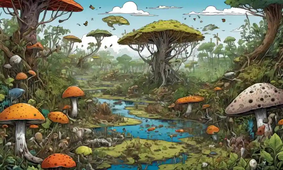 Ilustración de concepto ecológico con descompuestos, biodiversidad y componentes de ecosistemas interconectados.