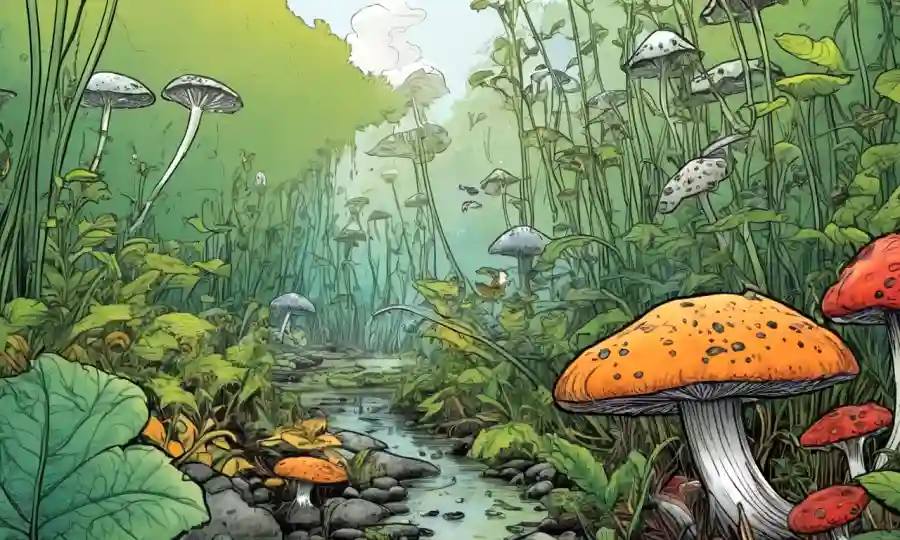 Los descompuestos entre la vida próspera de la planta en un ecosistema resistente.