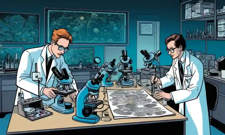 Científicos de laboratorio que examinan las culturas de hongos bajo microscopios y gráficos / pantallas de datos.