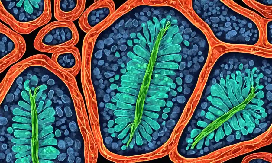 Imagen microscópica de células vegetales con rotuladores de resistencia brillante contra patógenos.