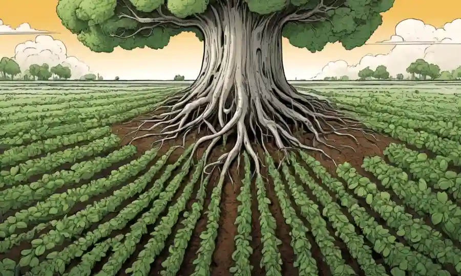 Concepto de mutación genética representado por ilustraciones de cultivos con raíces resilientes creciendo sobre amenazas microbianas.