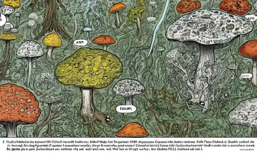 Concepto abstracto de filogenia fúngica con fragmentos de código en una pantalla de computadora.
