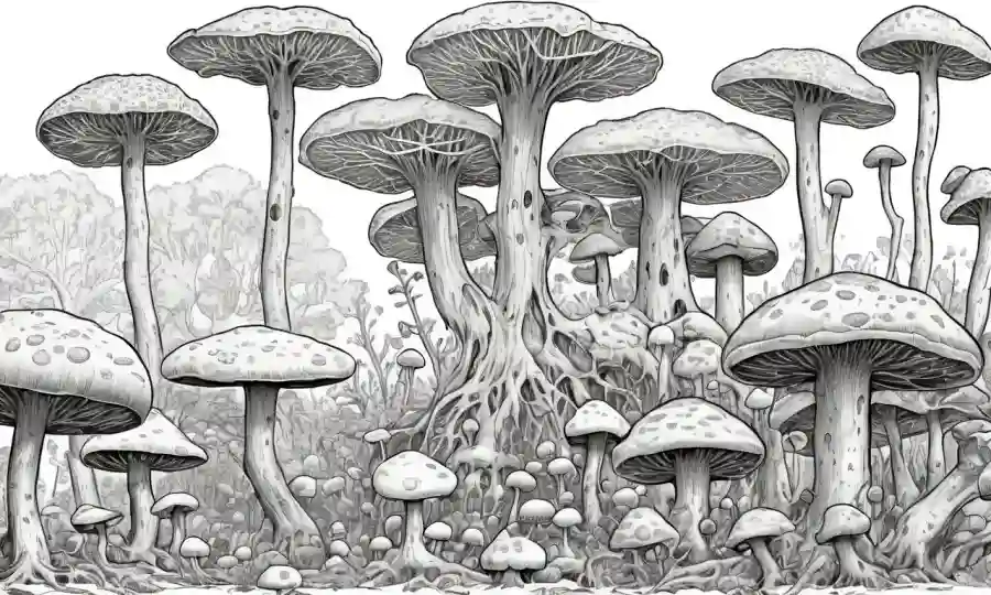 Filas de diagramas de hongos en papel con estructuras y etiquetas tipo árbol.