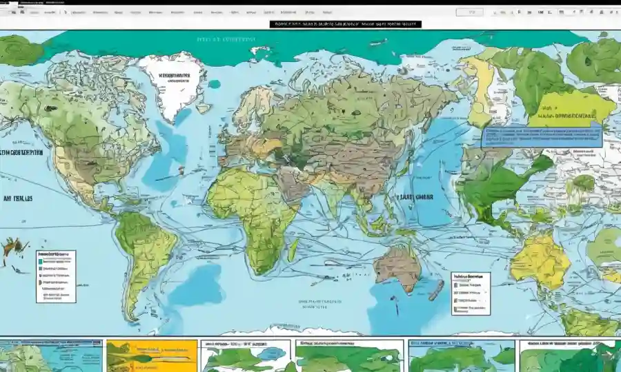Toboganes o gráficos llenos de texto sobre conservación y conectividad de ecosistemas en una pantalla o tabla.