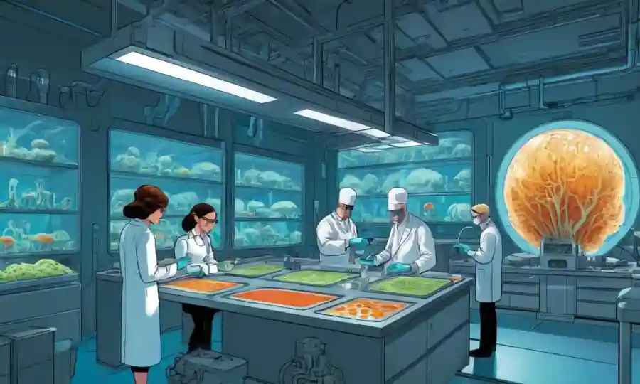 Científicos que examinan muestras de hongos en un laboratorio futurista.