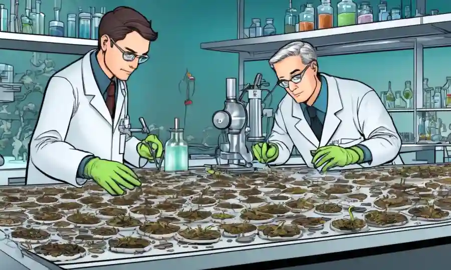 Investigadores analizando muestras de hongos en un entorno de laboratorio con contexto ético de dilema.