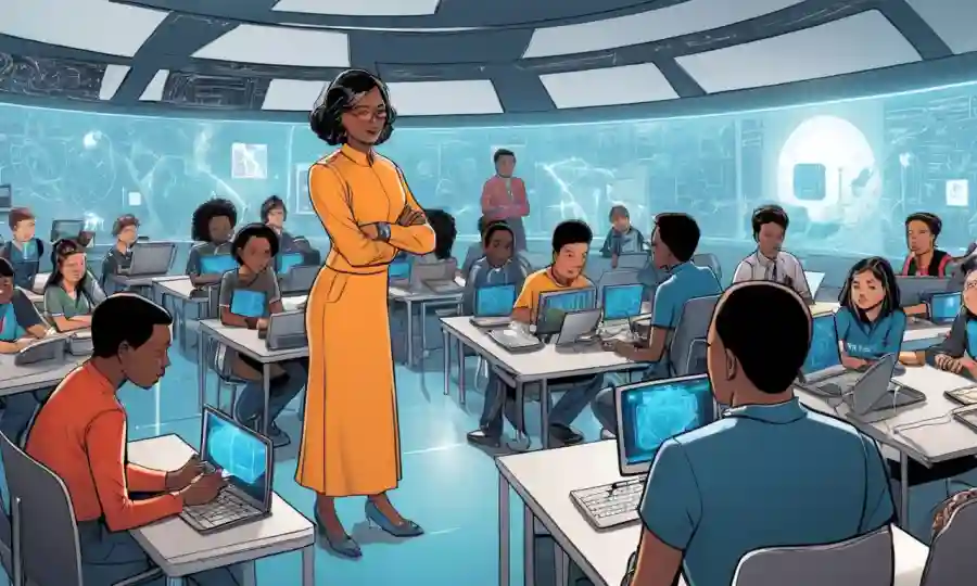 Un profesor rodeado de tecnología innovadora y diversos estudiantes en un aula futurista.